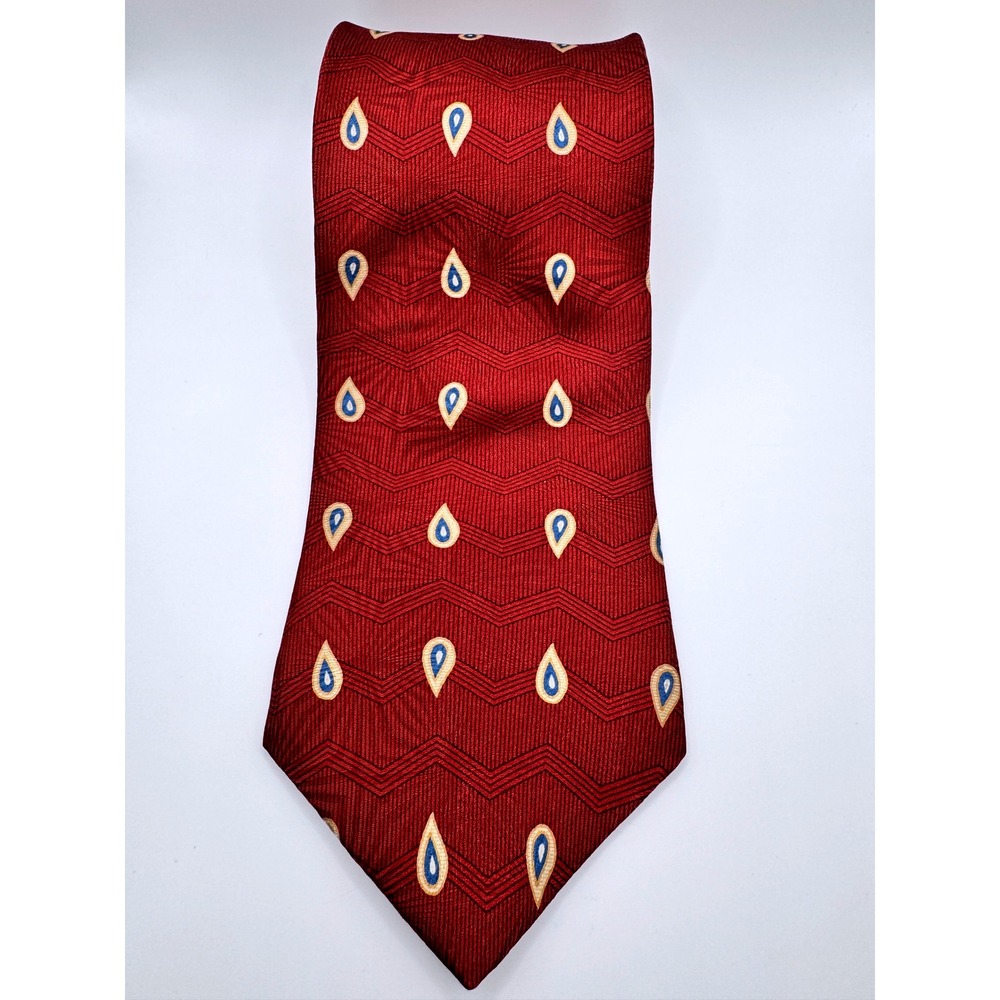 Bill Blass Black Label Silk Necktie Red‎ Zig Zag Paisley Pattern Business